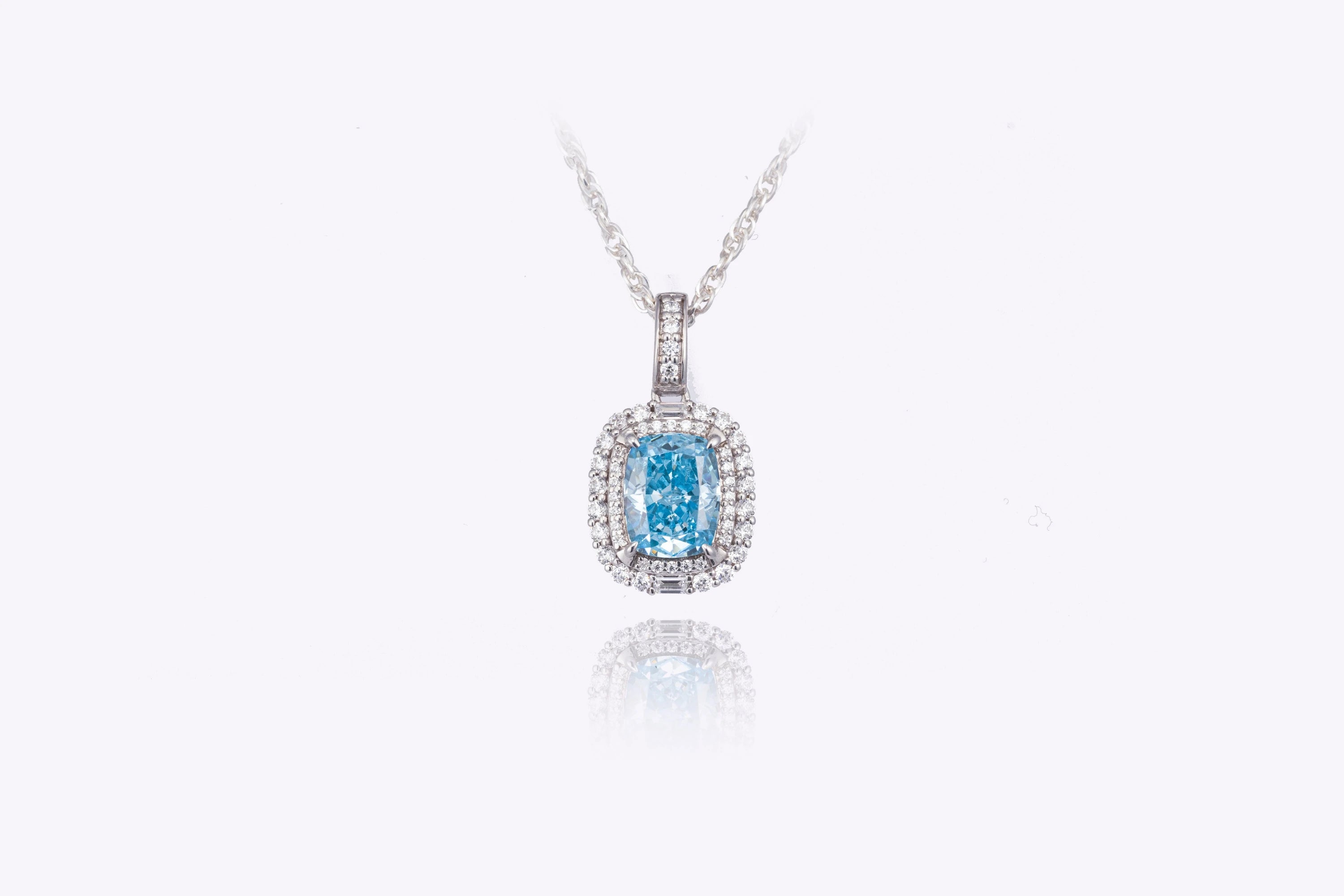 Aqua Glow: Cushion-Cut Blue Lab-Created Diamond Halo Pendant