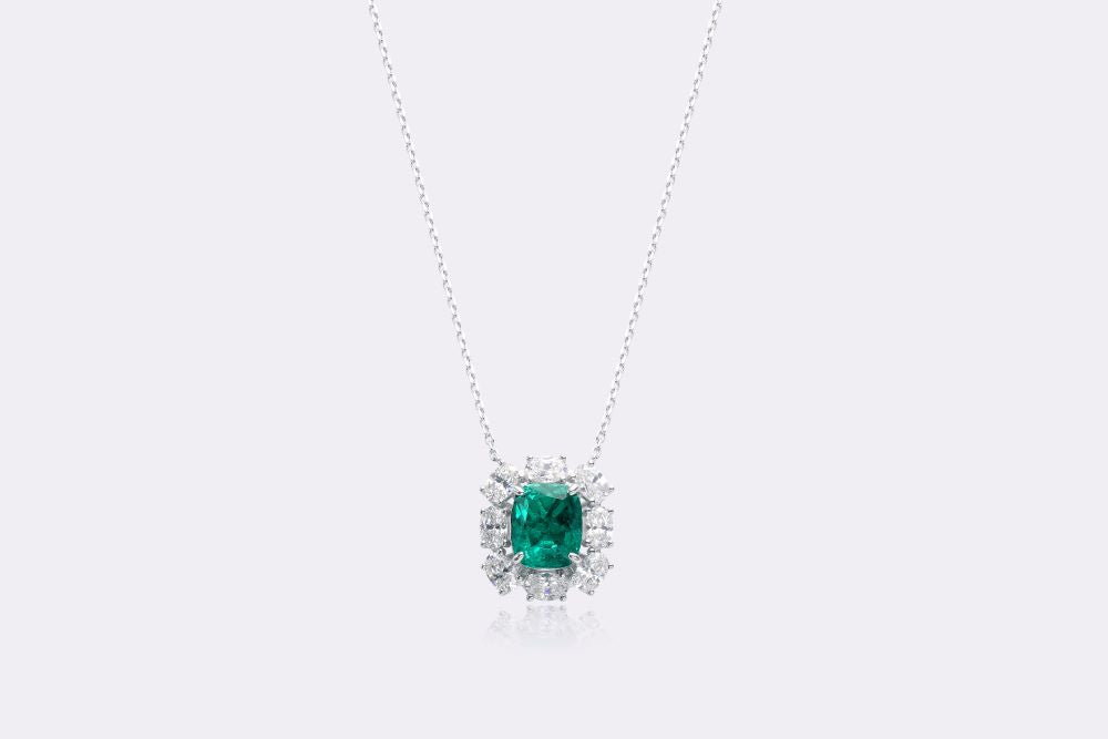 Emerald Enchantment: Lab-Created Diamond Halo Necklace