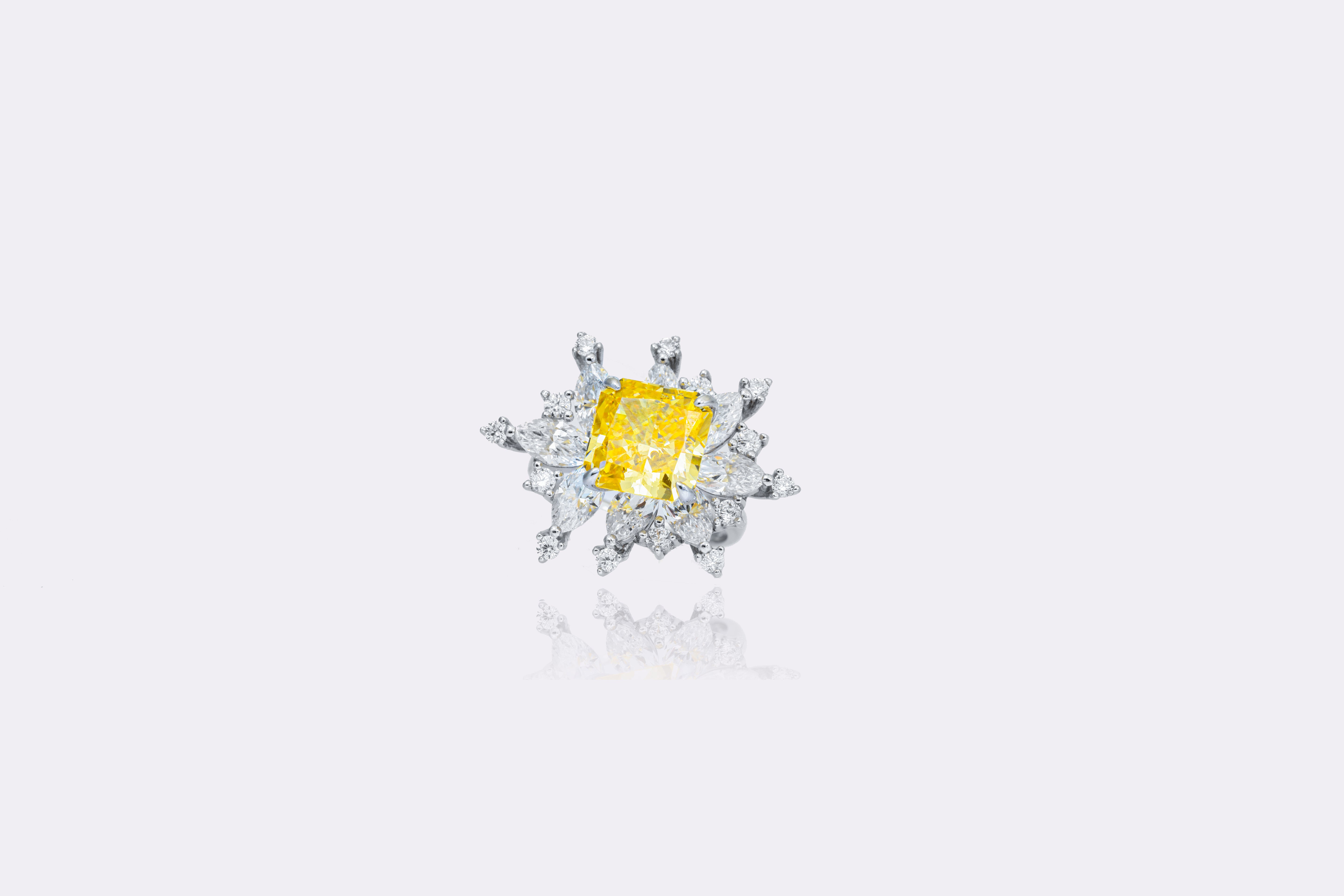 Radiant Sunburst Yellow Diamond Silver Ring