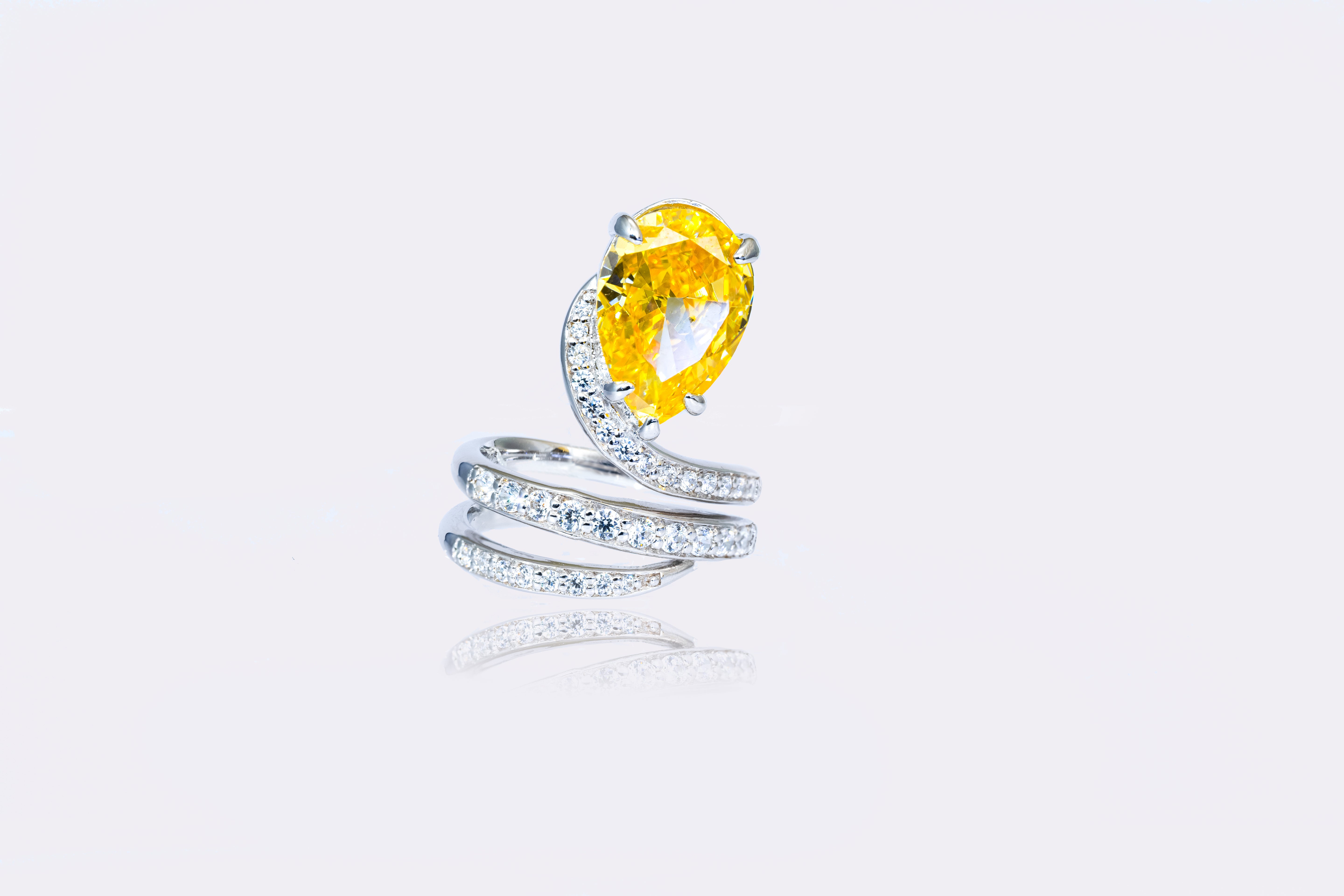 Sunburst Elegance Yellow Diamond Spiral Silver Ring